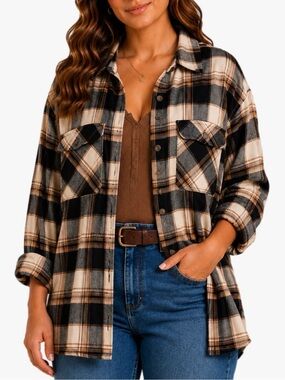 Eden & Olivia Neutral Plaid Sherpa Lined Flannel Button Down Women’s Plus Sz 2X